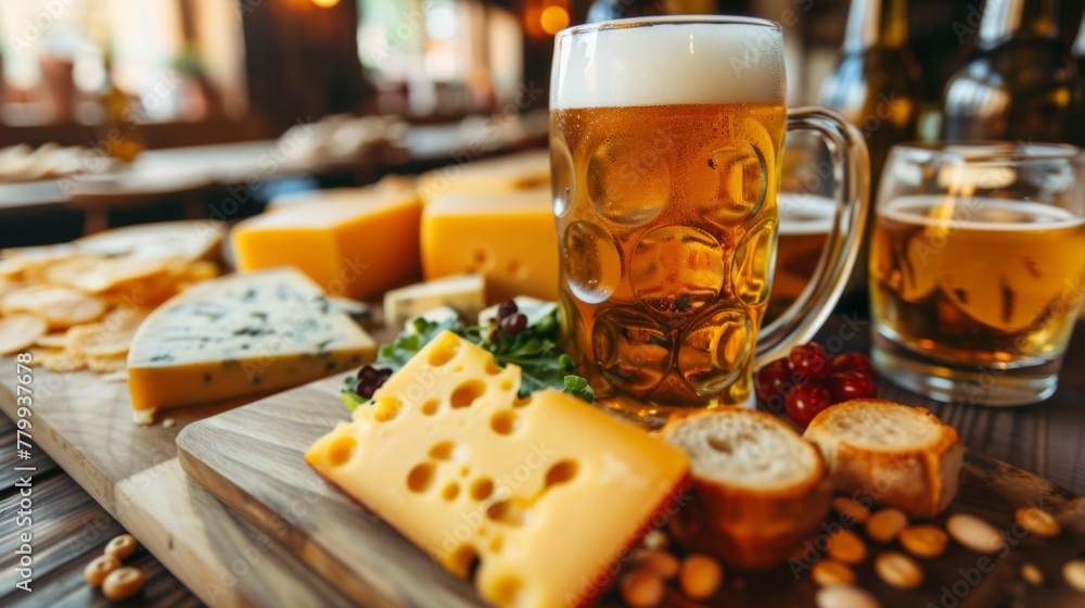 A table with a glass of beer and cheese on it, AI