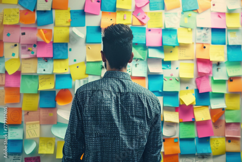Young Man Contemplating Colorful Sticky Notes on Wall