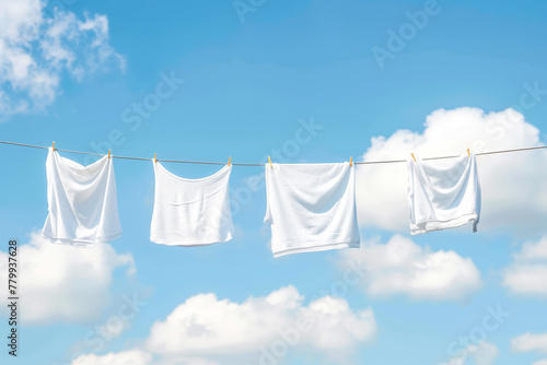 Clean clothes hanging on washing line against sky. Drying laundry