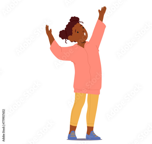 Small Child Character With Hand Reaching Skyward, Fingers Stretching Toward The Heavens, Eyes Wide With Wonder