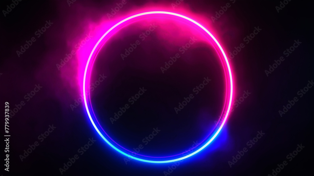 Pink, purple and blue circle neon light with lens flare effect on black background with room for text