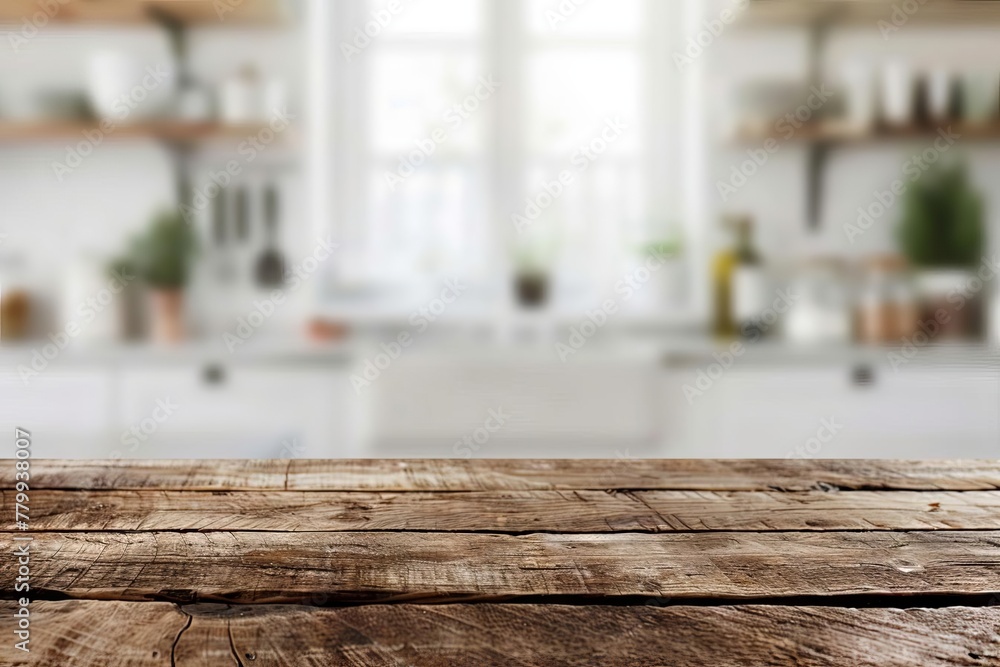 Rustic wooden table top with blurred white kitchen background, food photography