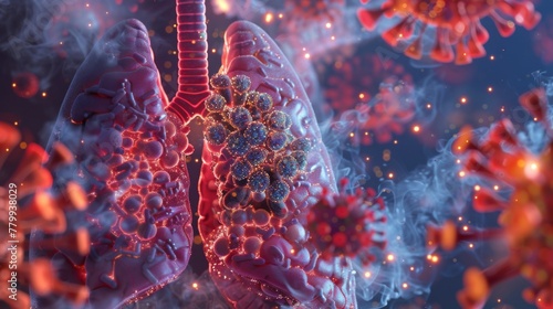 Coronavirus microorganisms infect the respiratory system, demonstrating the interaction of the pathogen with the lungs and respiratory tract. photo