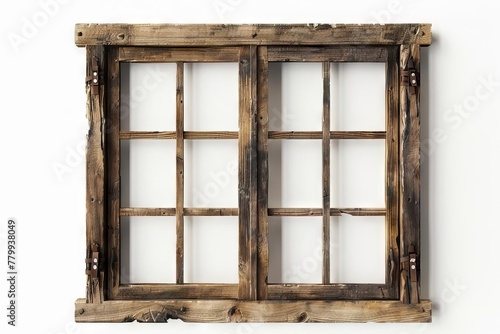 Rustic Wooden Window Frame with Cutout, Isolated on White Background, 3D Rendering