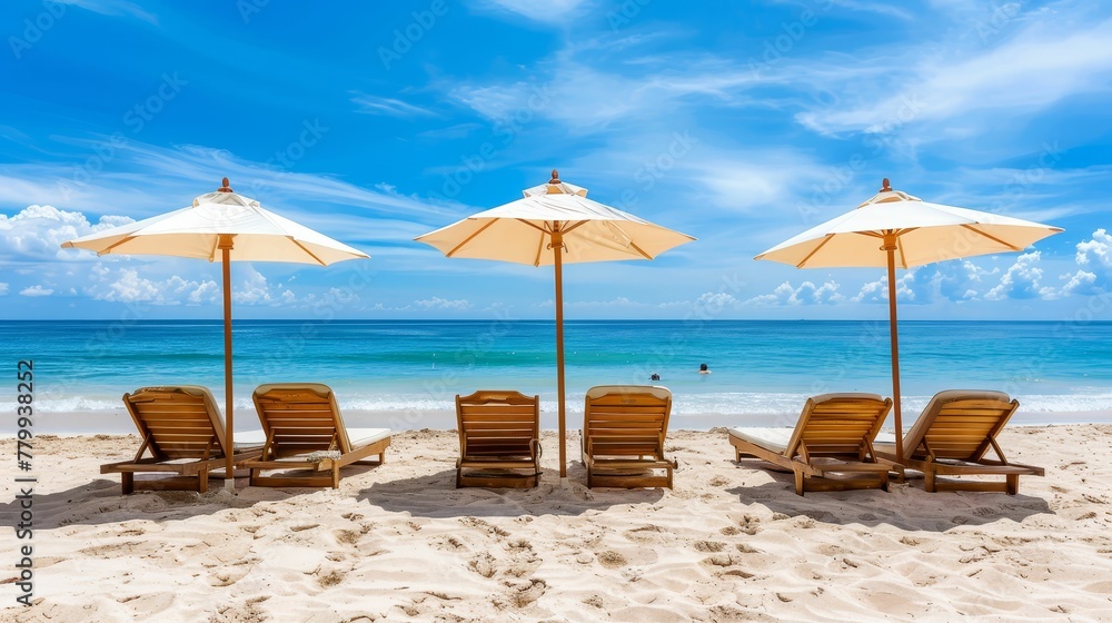 Beach Scene with Sunloungers and umbrellas Vacation Concept Beach Scene with Sunloungers and umbrellas Vacation Concept