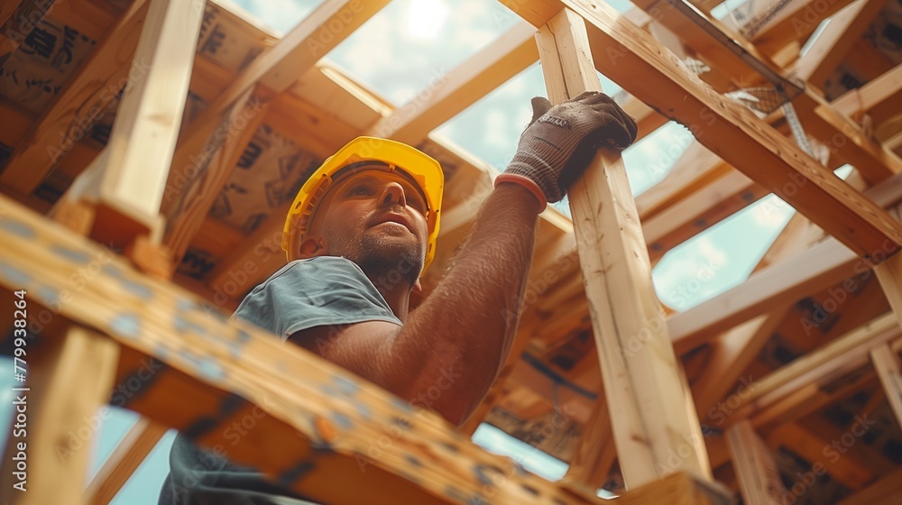 Builder Working on Wooden House Construction Builder Working on Wooden House Construction