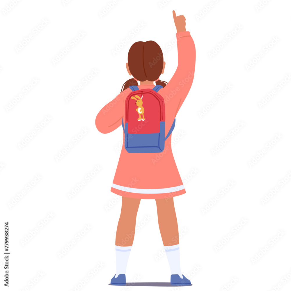 Schoolgirl with Backpack Pointing and looking Up, Rear View. Child Character with Finger Lifted Skyward