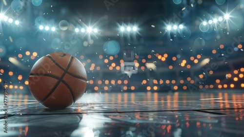 Basketball ball positioned on the brightly lit court of a stadium