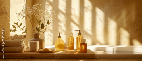  Bath room composition with cream jar, bottles in beige color. Banner for spa, sauna, wellness, massage. Cozy mockup for relax, chill leisure. Cosmetology, beauty, body treatment concept.Generative ai