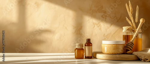 Bath room composition with jar of honey, decoration for spa, sauna, wellness, massage. Cozy natural mockup for relax, chill leisure. Cosmetology, beauty, body treatment concept. Generative ai