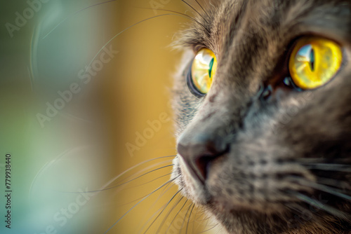 Closeup of shorthair exotic grey fur cat with big yellow eyes indoor looking in camera
