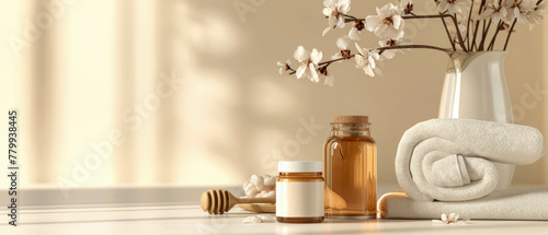Bath room composition with jar of honey, decoration for spa, sauna, wellness, massage. Cozy natural mockup for relax, chill leisure. Cosmetology, beauty, body treatment concept. Generative ai