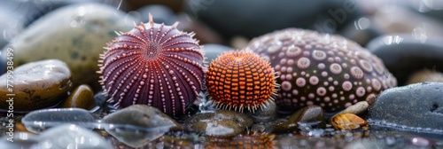 Sea urchins in their natural habitat with a photograph capturing them nestled among rocks at the water's edge photo