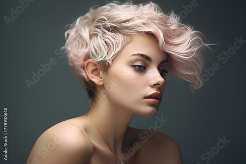 Attractive Short haircut stylish lady portrait. Sexy vogue chic nature beauty. Generate Ai