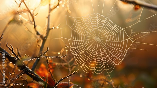 the intricate web spun by a golden silk orb-weaver spider, its shimmering threads glistening with morning dew.