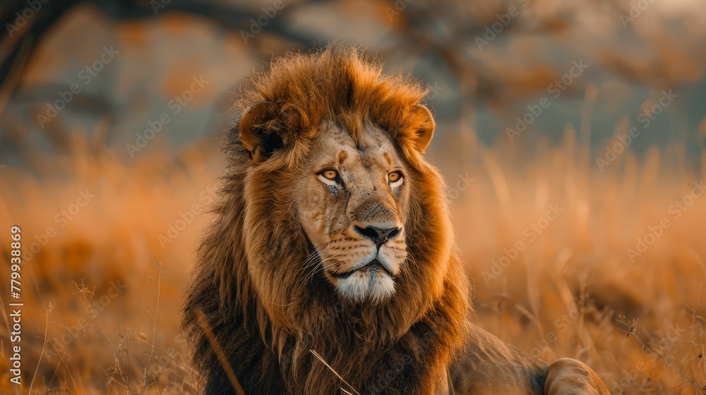dangerous powerful lion with fluffy mane looking away in savanna