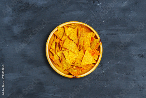 Yellow Bowl Filled With Tortilla Chips. Flat lay © Алексей Филатов