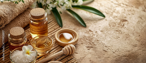 Flat lay composition with jar of honey, decoration for spa, sauna, wellness, massage. Cozy natural mockup for relax, chill leisure. Cosmetology, beauty treatment concept. Top view. Generative ai