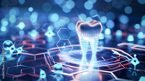 Tooth mockup with technological elements against glowing neon digital data background. The concept of advertising dentistry, hygiene and dental health, advanced technologies in medicine photo