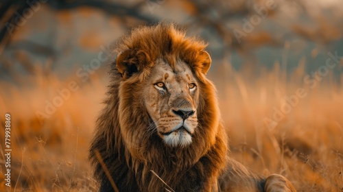 dangerous powerful lion with fluffy mane looking away in savanna
