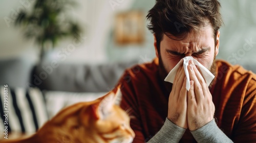 A person sneezing due to allergic with home animal.