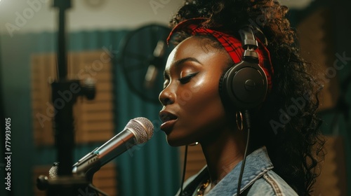 Focused black female standing and recording song near microphone equipment in studio photo