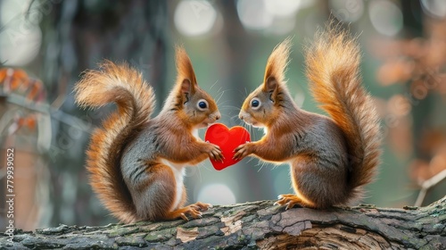 Funny animal Valentines Day, love, wedding celebration concept greeting card - Cute rchipmunks couple holding a red heart , red background © Jiraphiphat