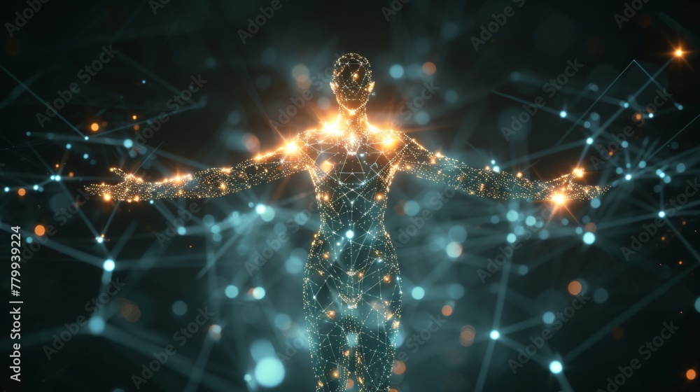 Glowing hologram of human body 3D structure with dark background. Glowing hologram of human body 3D structure with dark background.