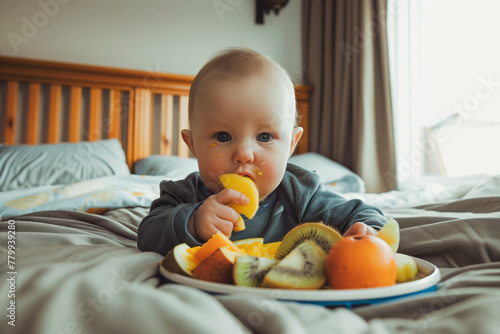 Cute baby eating fruit in nibbler on bed at home photo