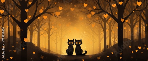 thankful black cats with heart hands emoji on a golden forest background photo