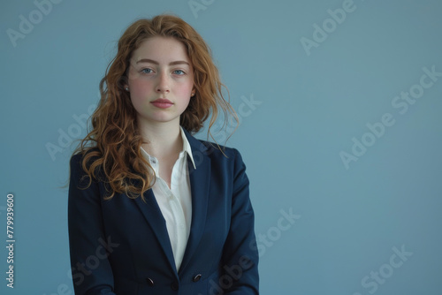 A woman with red hair is wearing a blue jacket and white shirt