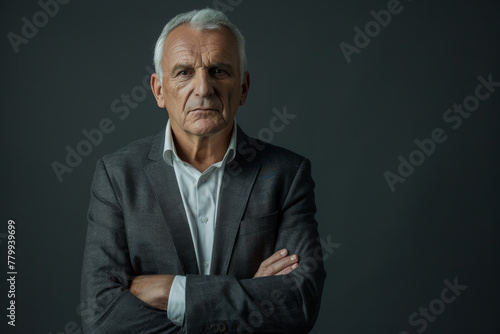 A man in a suit and white shirt has his arms crossed