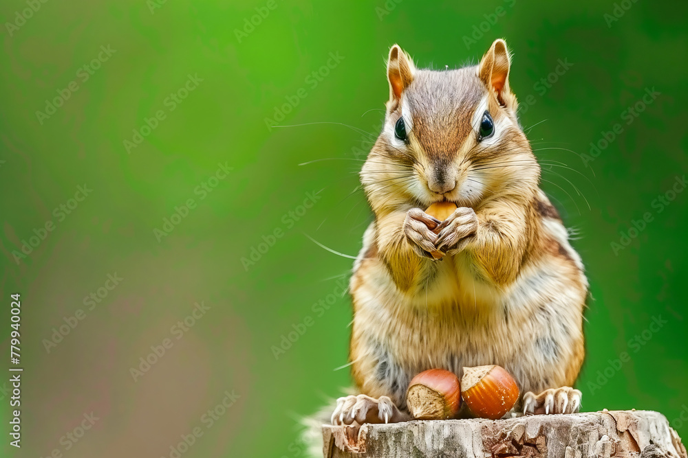 Eastern chipmunk perched on a stump eating acorns with blurry green background Eastern chipmunk perched on a stump eating acorns with blurry green background