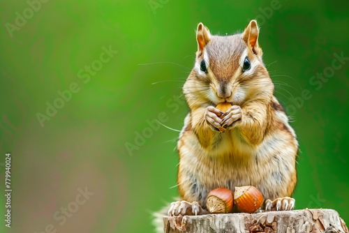 Eastern chipmunk perched on a stump eating acorns with blurry green background photo