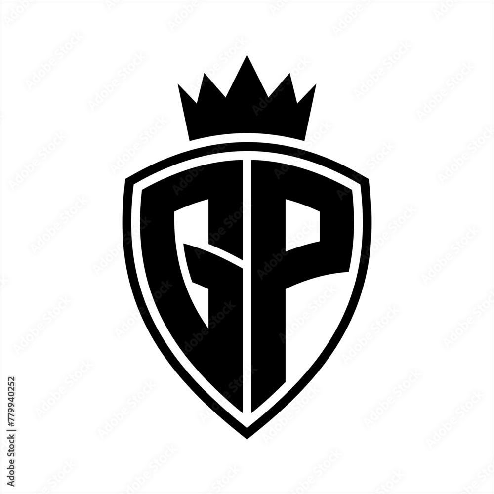 GP Letter monogram shield and crown outline shape with black and white color design GP Letter monogram shield and crown outline shape with black and white color design