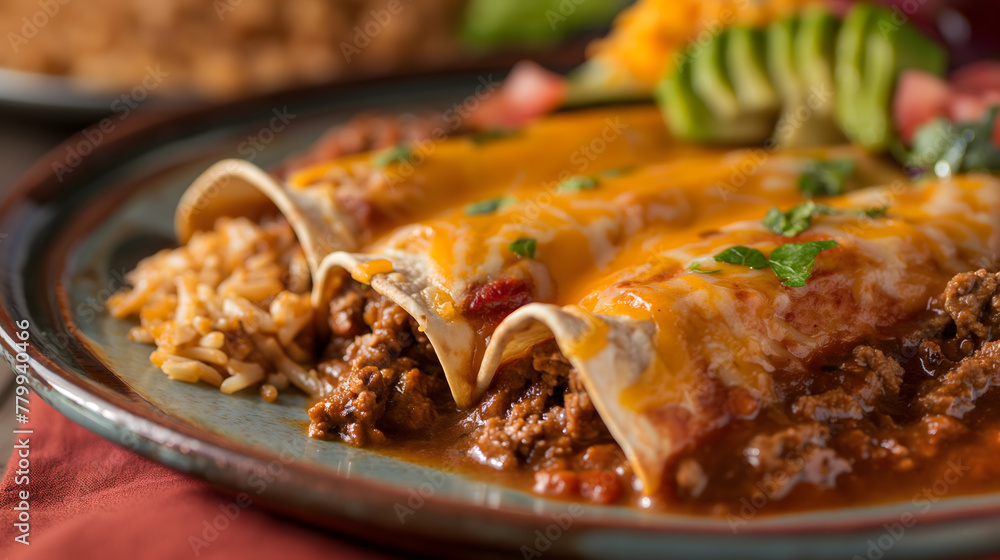 Delicious Homemade Beef and Cheese Enchiladas in Baking Tray - obrazy, fototapety, plakaty 