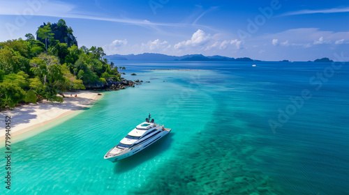 A yacht sails in the ocean near the beach. The water is clear and calm and the sky is blue. Luxurious holiday concept