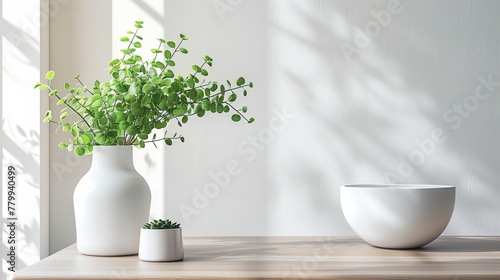 An elegant home interior with a focal point on a beautifully arranged table, adorned with a vibrant green plant and a sleek white vase © anupdebnath