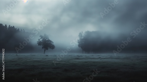 An ethereal black mist enveloping a serene landscape, evoking a sense of mystery and wonder photo