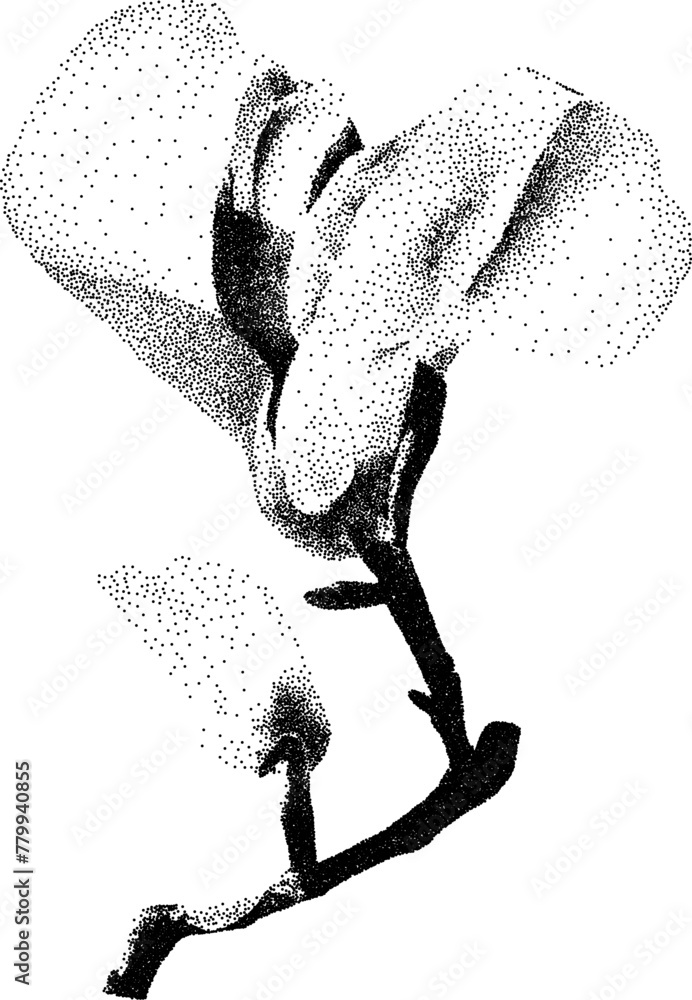 Fototapeta premium Grunge grain orchid with a xerox or grainy photocopy effect. Dotted flower with halftone stipple effect for gothic collage design. Vector illustration.
