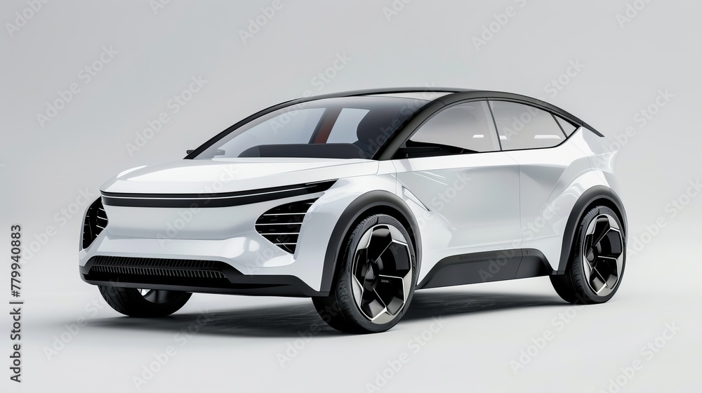 Concept of electric car in 2050, compact light white hatchback