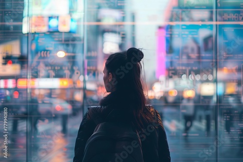 Unrecognizable woman from behind observing real estate listings displayed in street, searching for property to buy or rent, silhouette in urban setting, AI-generated image photo