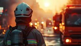 Firefighter with protection helmet at fire site