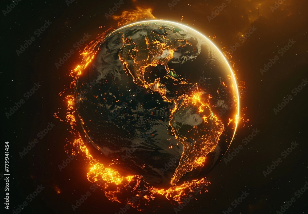 a planet earth with flames around it