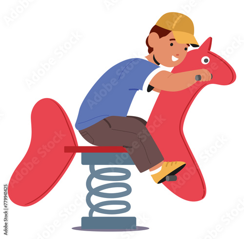 Child Joyfully Swings Back And Forth On A Spring-mounted Horse Swing, Giggling Amidst The Playground Laughter