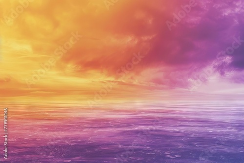 Vibrant purple, orange, and yellow gradient sunset sky over the sea, ethereal fantasy landscape