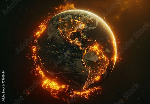 a planet earth with flames around it