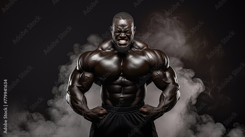 Muscular and Mighty, Explosive Power and Definition of a Black Bodybuilder Amidst Smoke, Generative AI