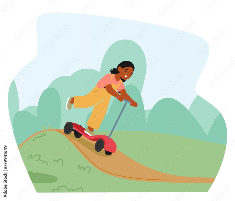 Joyful Child Zips Around The Playground On A Scooter, Laughter Trailing Behind. Girl Character Navigates Yard