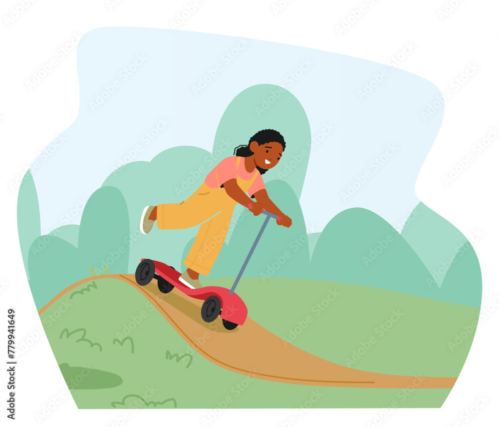 Joyful Child Zips Around The Playground On A Scooter, Laughter Trailing Behind. Girl Character Navigates Yard Joyful Child Zips Around The Playground On A Scooter, Laughter Trailing Behind. Girl Character Navigates Yard